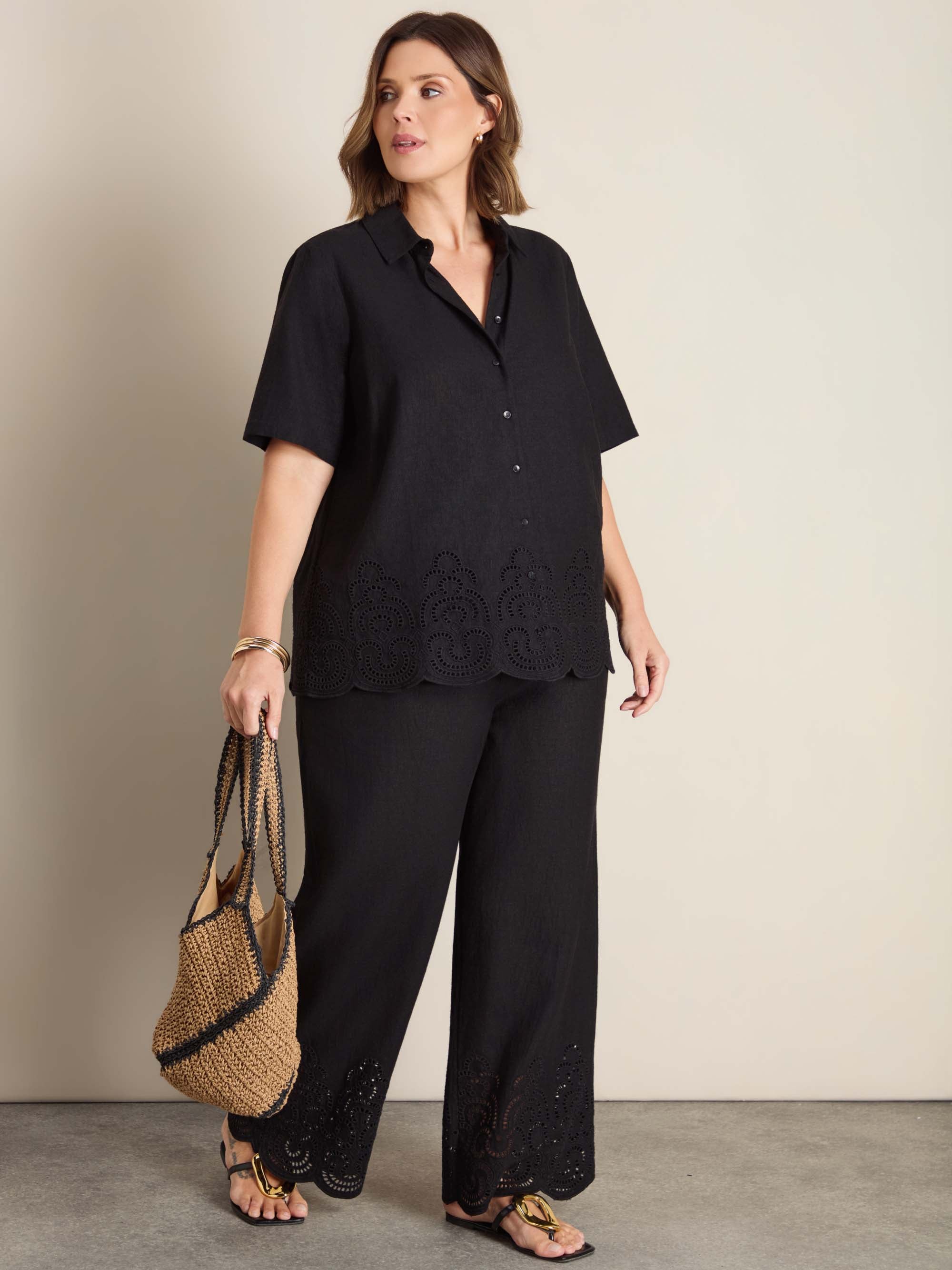 Black Linen Blend Broderie Trouser