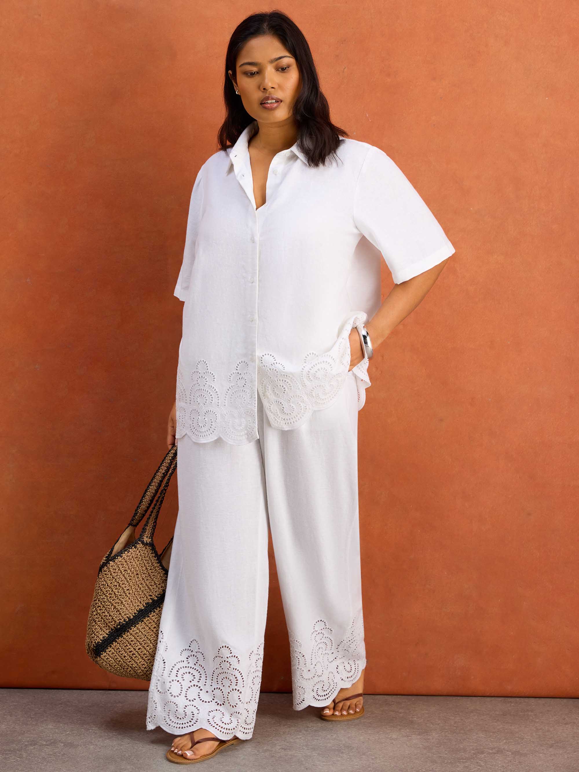 White Linen Blend Broderie Trouser Plus Size Resort Curve