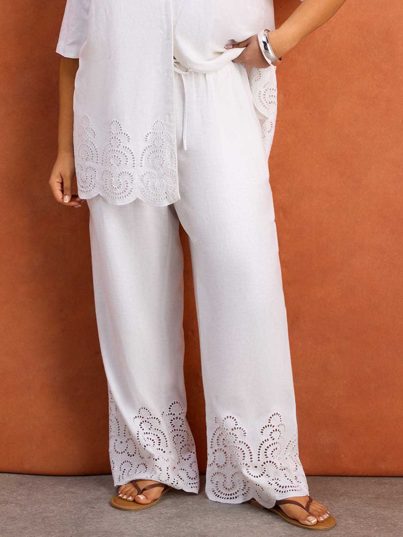 White Linen Blend Broderie Trouser Plus Size Resort Curve
