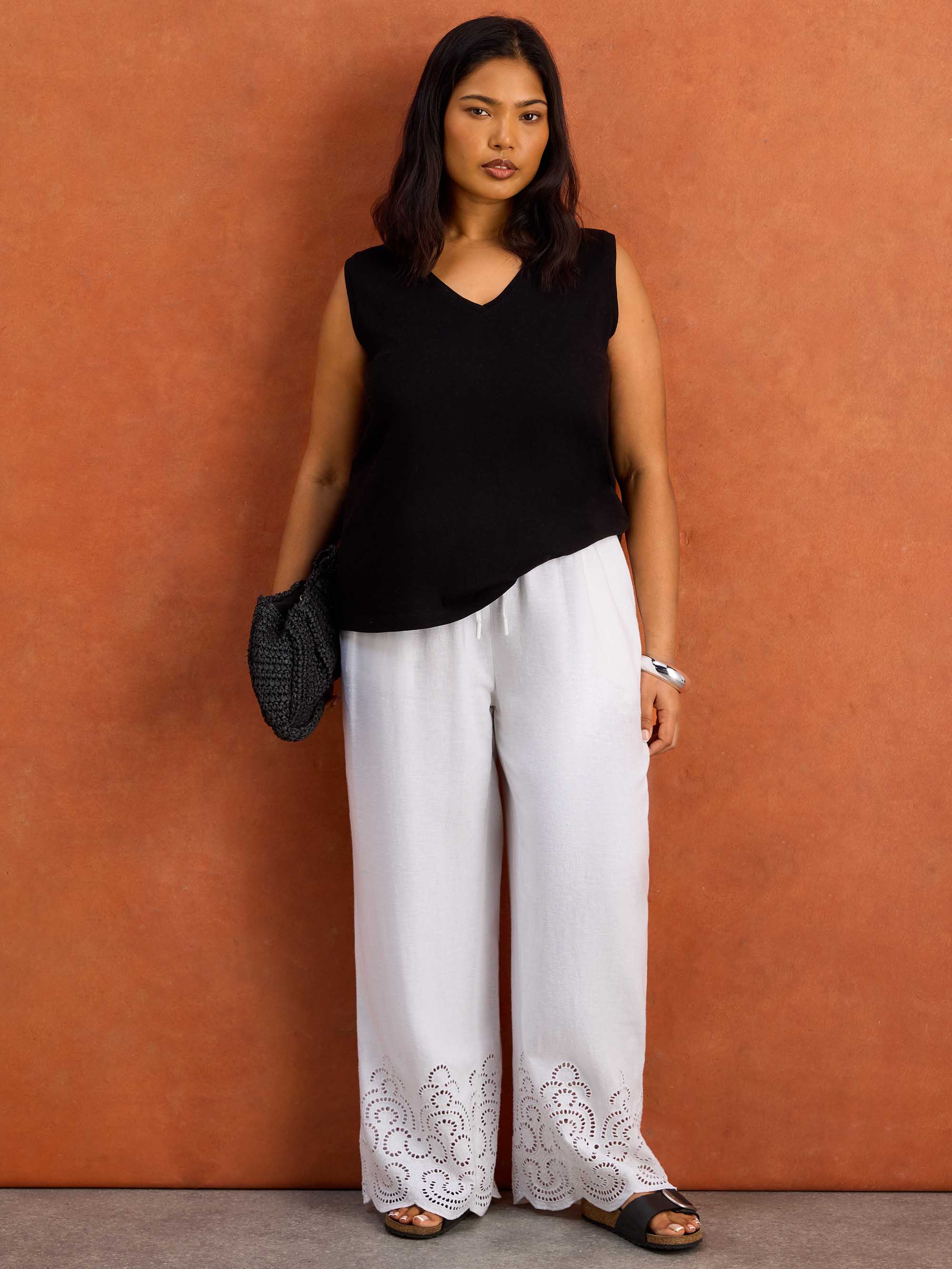 White Linen Blend Broderie Trouser Plus Size Resort Curve