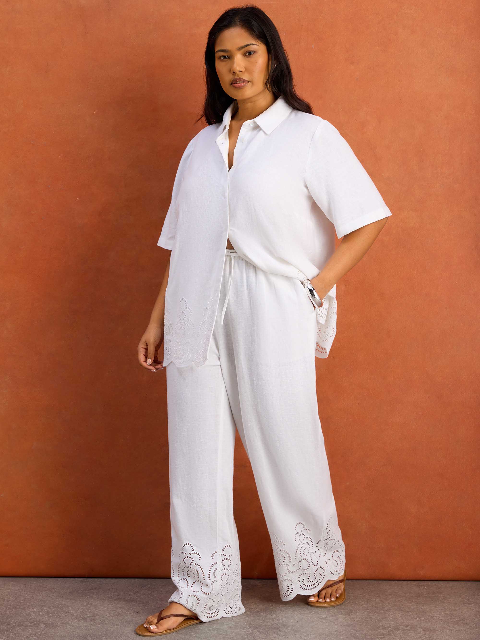 White Linen Blend Broderie Trouser Plus Size Resort Curve