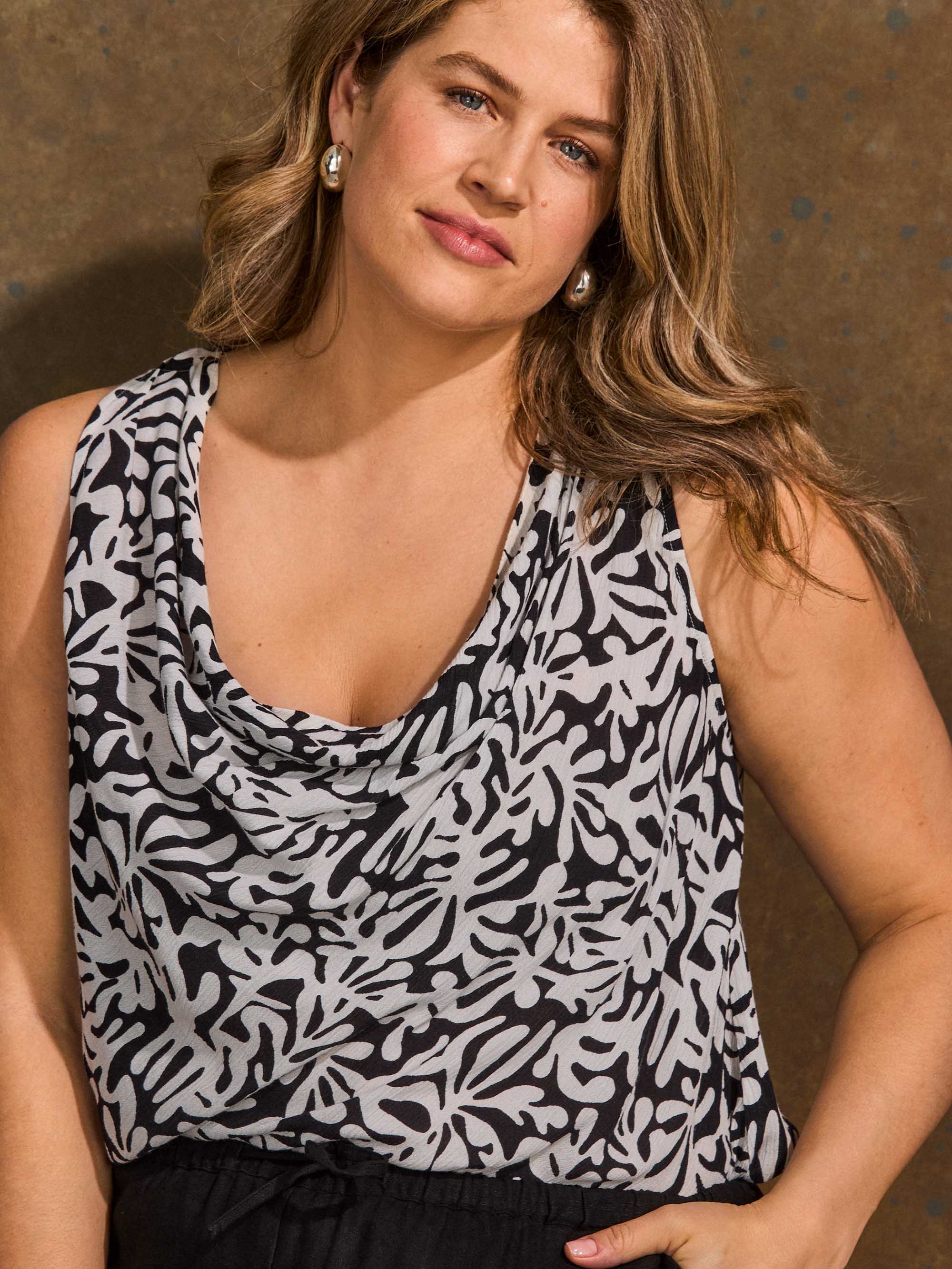 Plus size mono print cowl neck top close-up