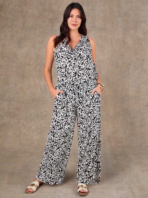 Plus size mono print wide leg drawstring trousers