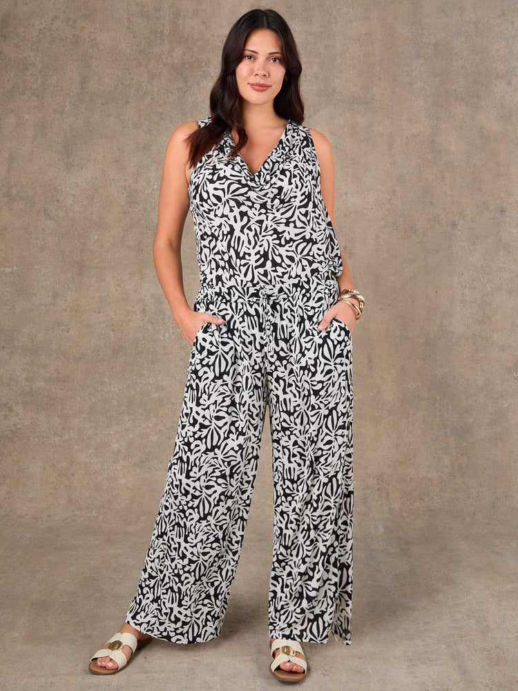 Plus size mono print wide leg drawstring trousers
