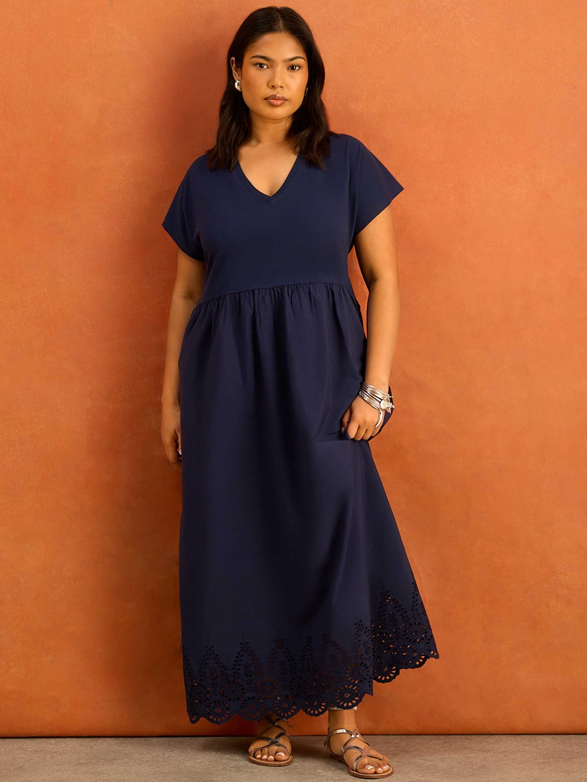 Navy Jersey Woven Mix Broderie Maxi Dress