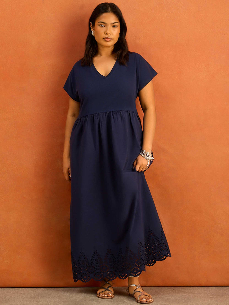Navy Jersey Woven Mix Broderie Maxi Dress