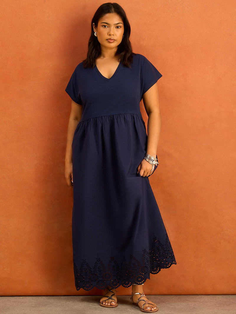 Navy Jersey Woven Mix Broderie Maxi Dress