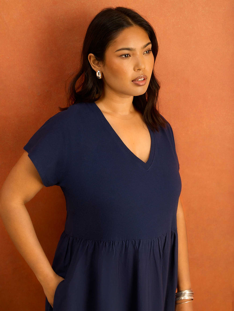 Navy Jersey Woven Mix Broderie Maxi Dress Cotton