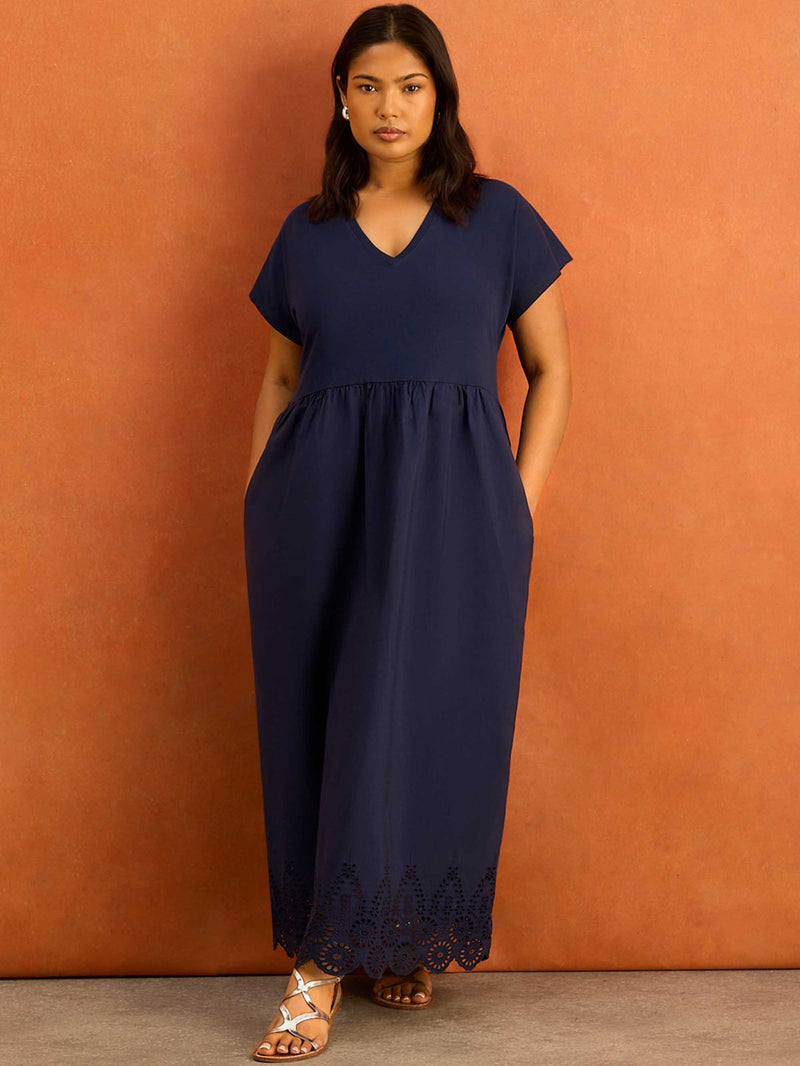 Navy Jersey Woven Mix Broderie Maxi Dress Cotton