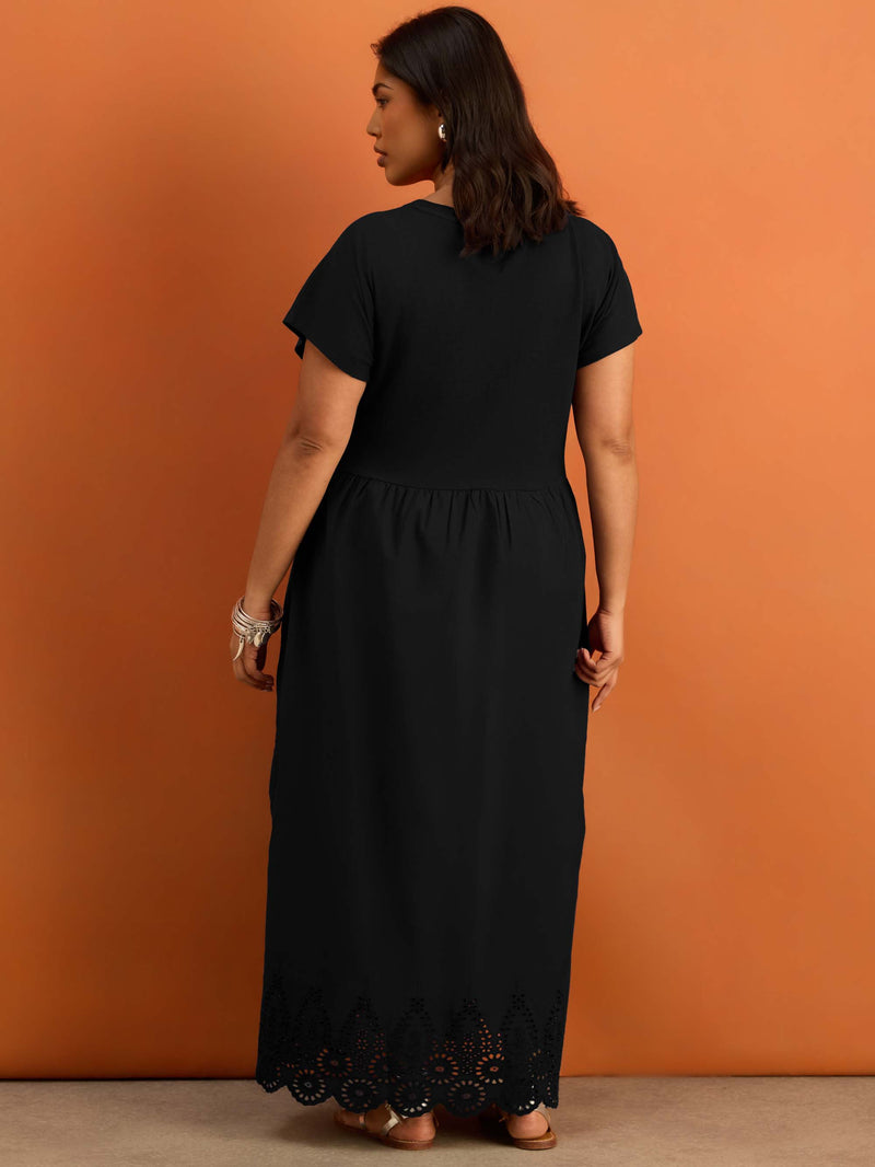 Black Jersey Woven Mix Broderie Maxi Dress