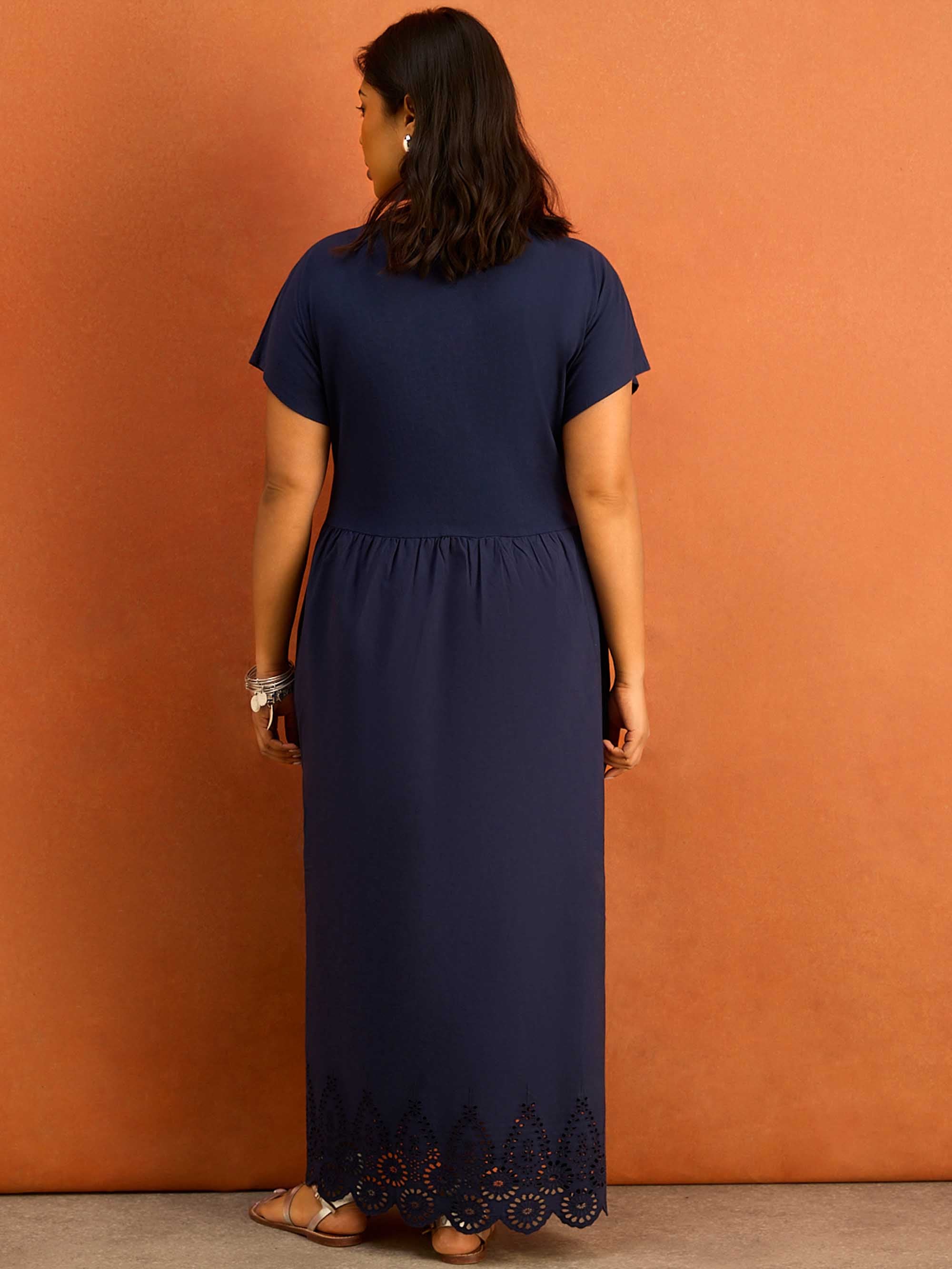 Navy Jersey Woven Mix Broderie Maxi Dress Cotton