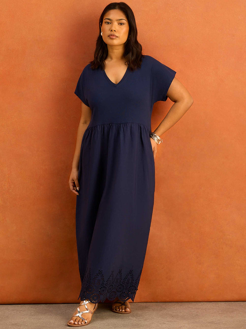 Navy Jersey Woven Mix Broderie Maxi Dress Cotton