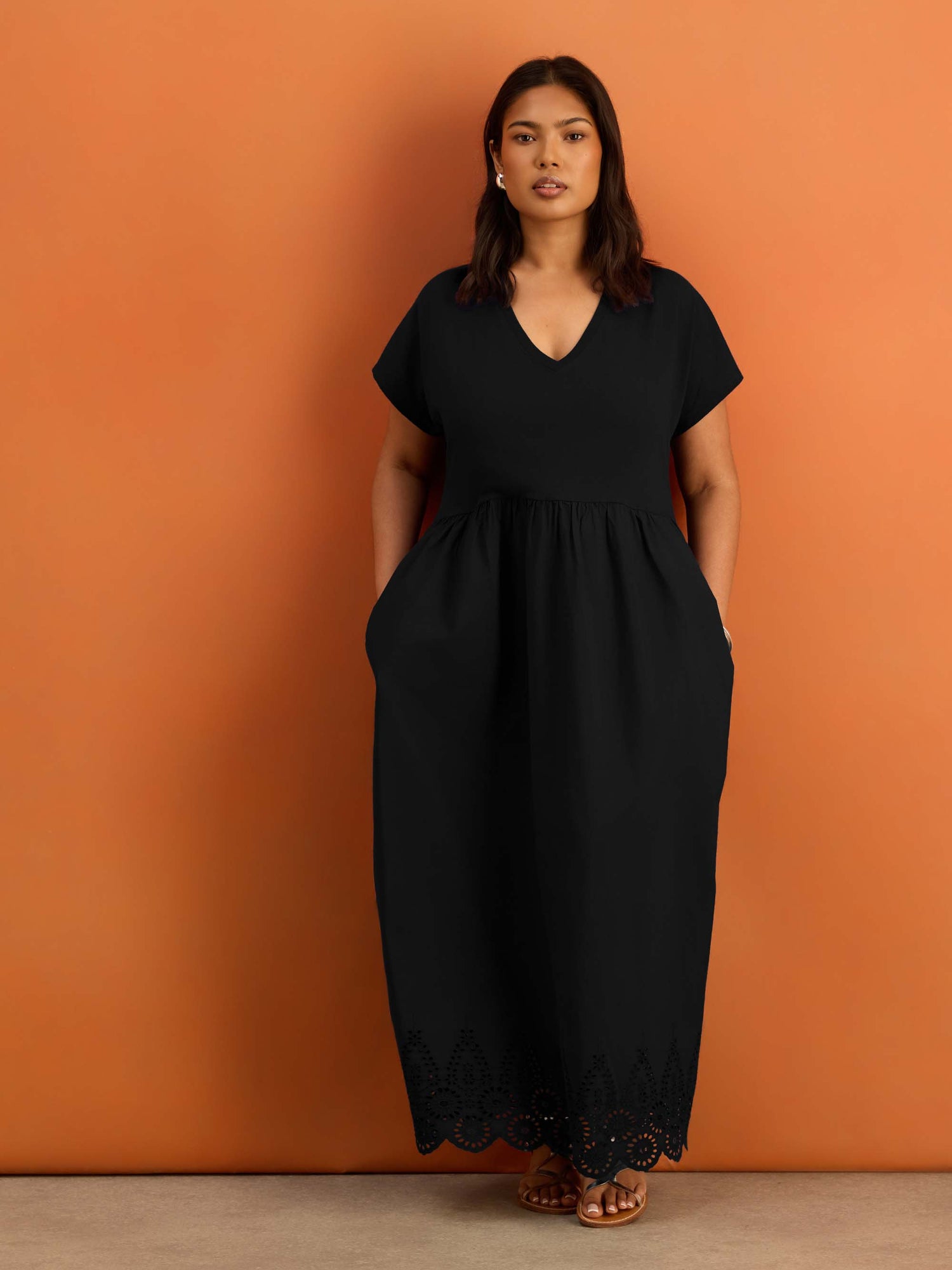 Black Jersey Woven Mix Broderie Maxi Dress
