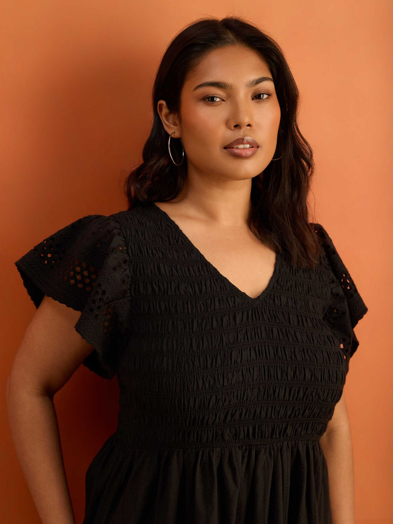 Black Shirred Broderie Cotton Midi Dress