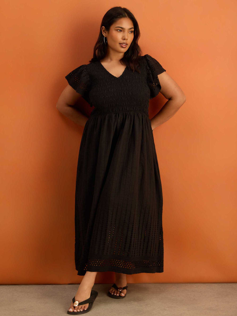 Black Shirred Broderie Cotton Midi Dress