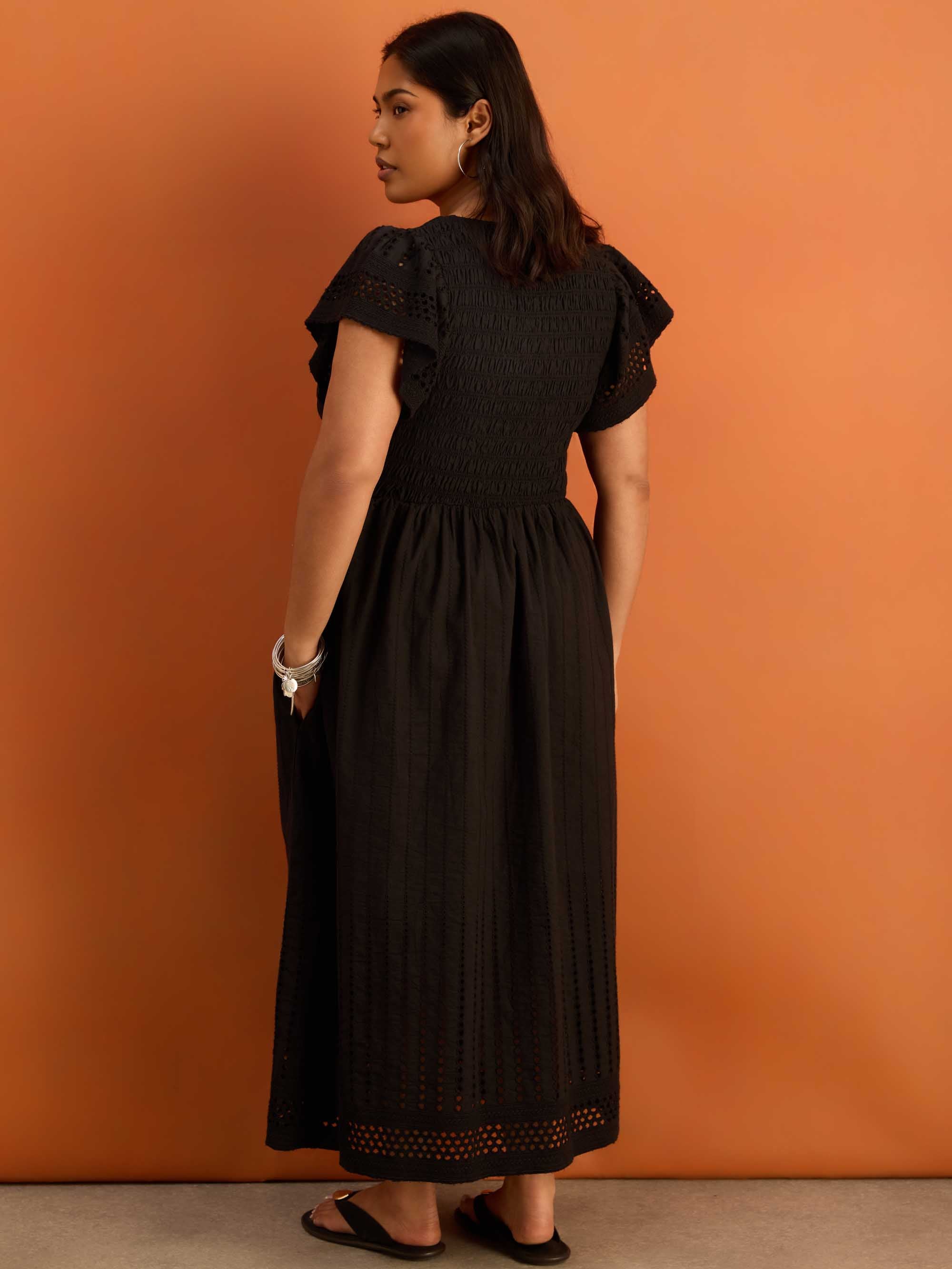 Petite Black Shirred Broderie Midi Dress