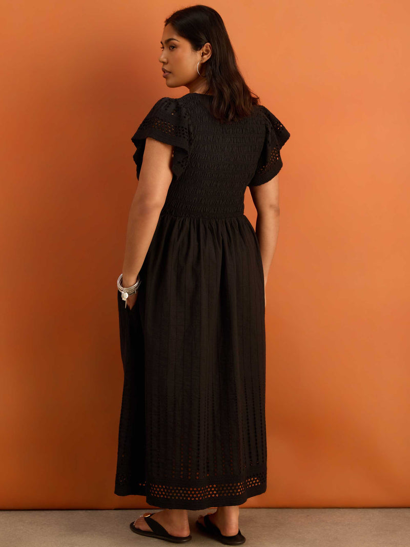 Black Shirred Broderie Cotton Midi Dress