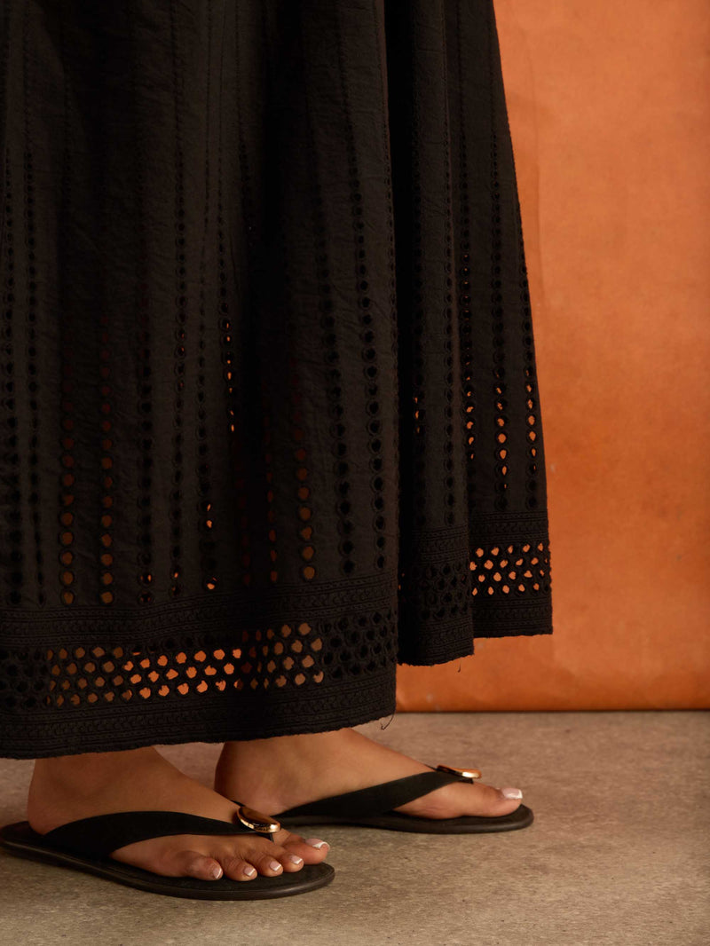 Petite Black Shirred Broderie Midi Dress