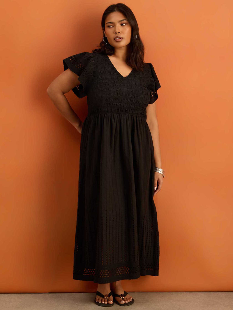 Black Shirred Broderie Cotton Midi Dress