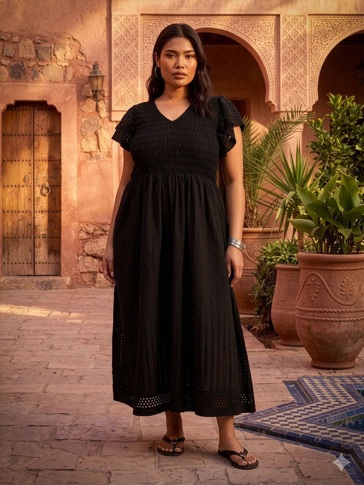 Black Shirred Broderie Cotton Midi Dress