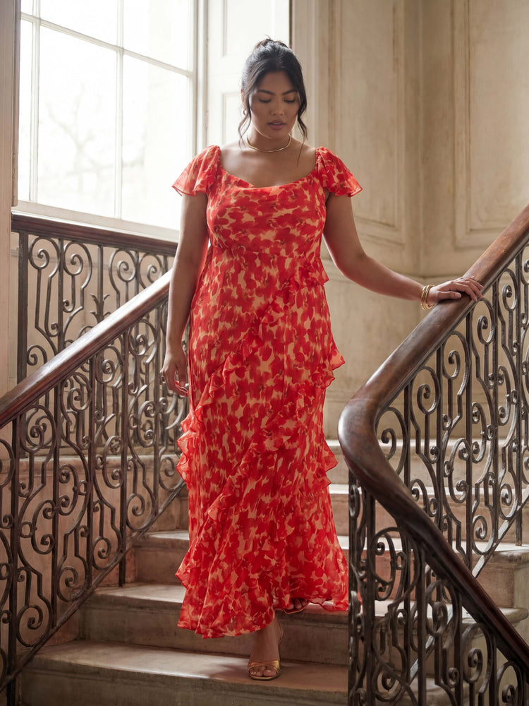 Petite Red Floral Ruffle Sleeve Maxi Dress