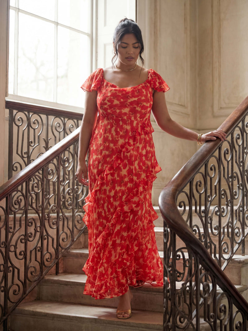 Red Floral Ruffle Sleeve Maxi Dress