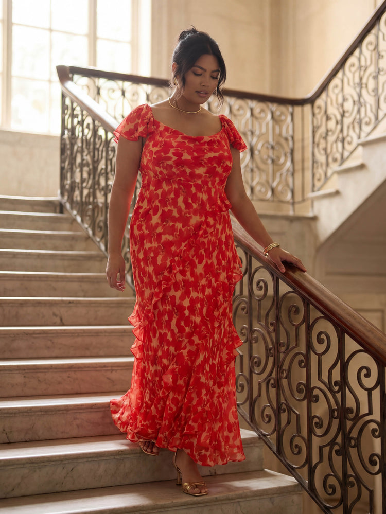 Red Floral Ruffle Sleeve Maxi Dress