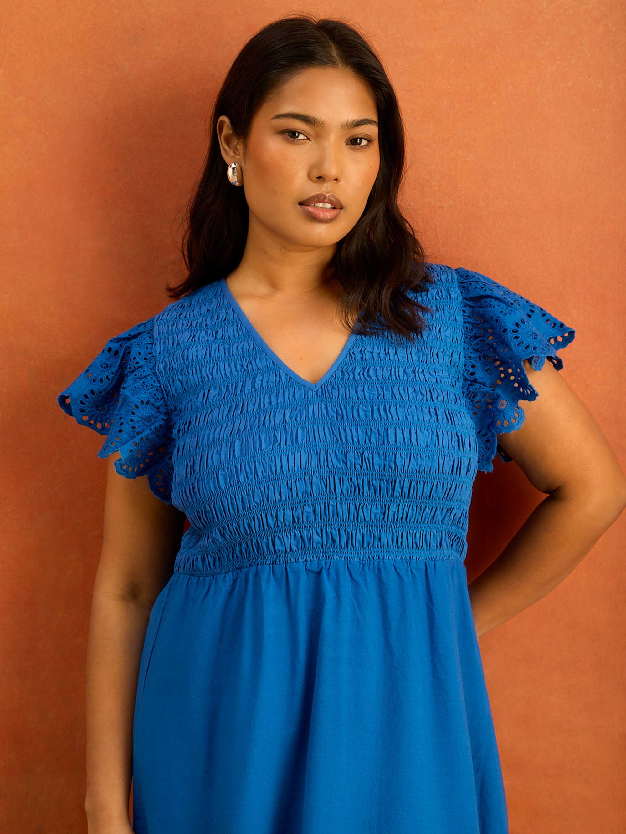 Blue Shirred Broderie Cotton Midi Dress Curve plus size