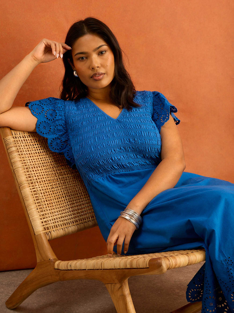Blue Shirred Broderie Cotton Midi Dress Curve plus size