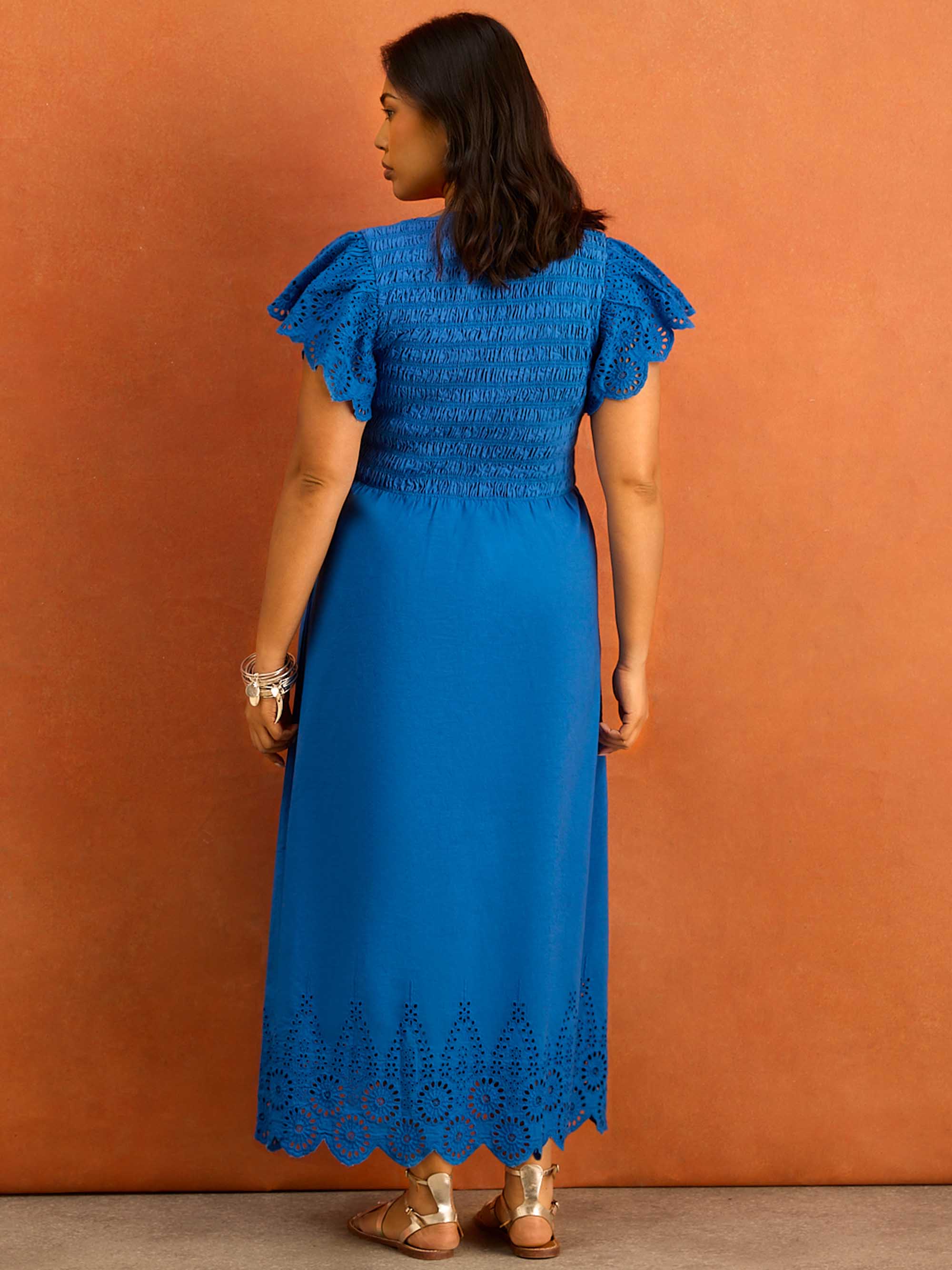 Blue Shirred Broderie Cotton Midi Dress Curve plus size