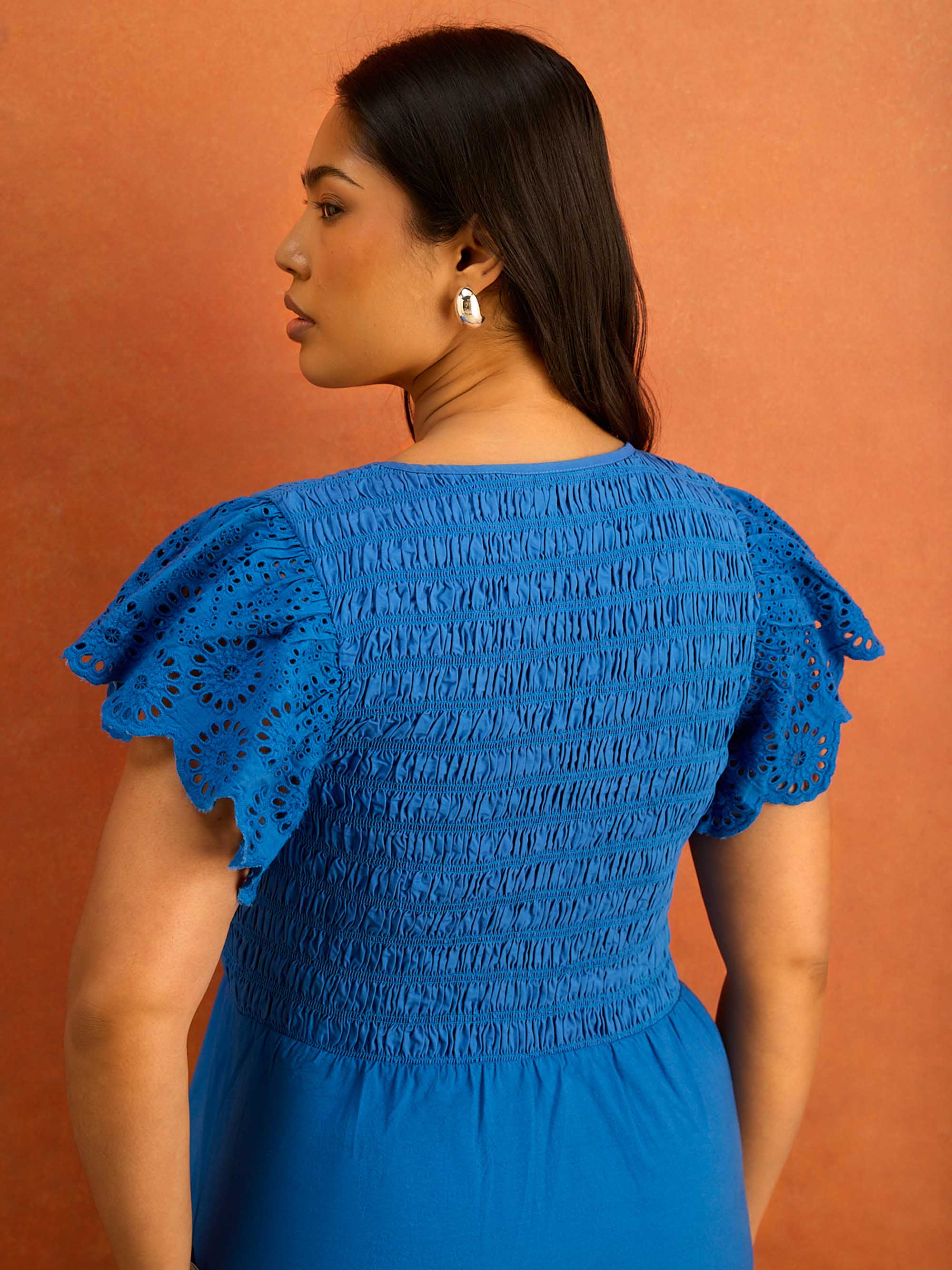 Blue Shirred Broderie Cotton Midi Dress Curve plus size