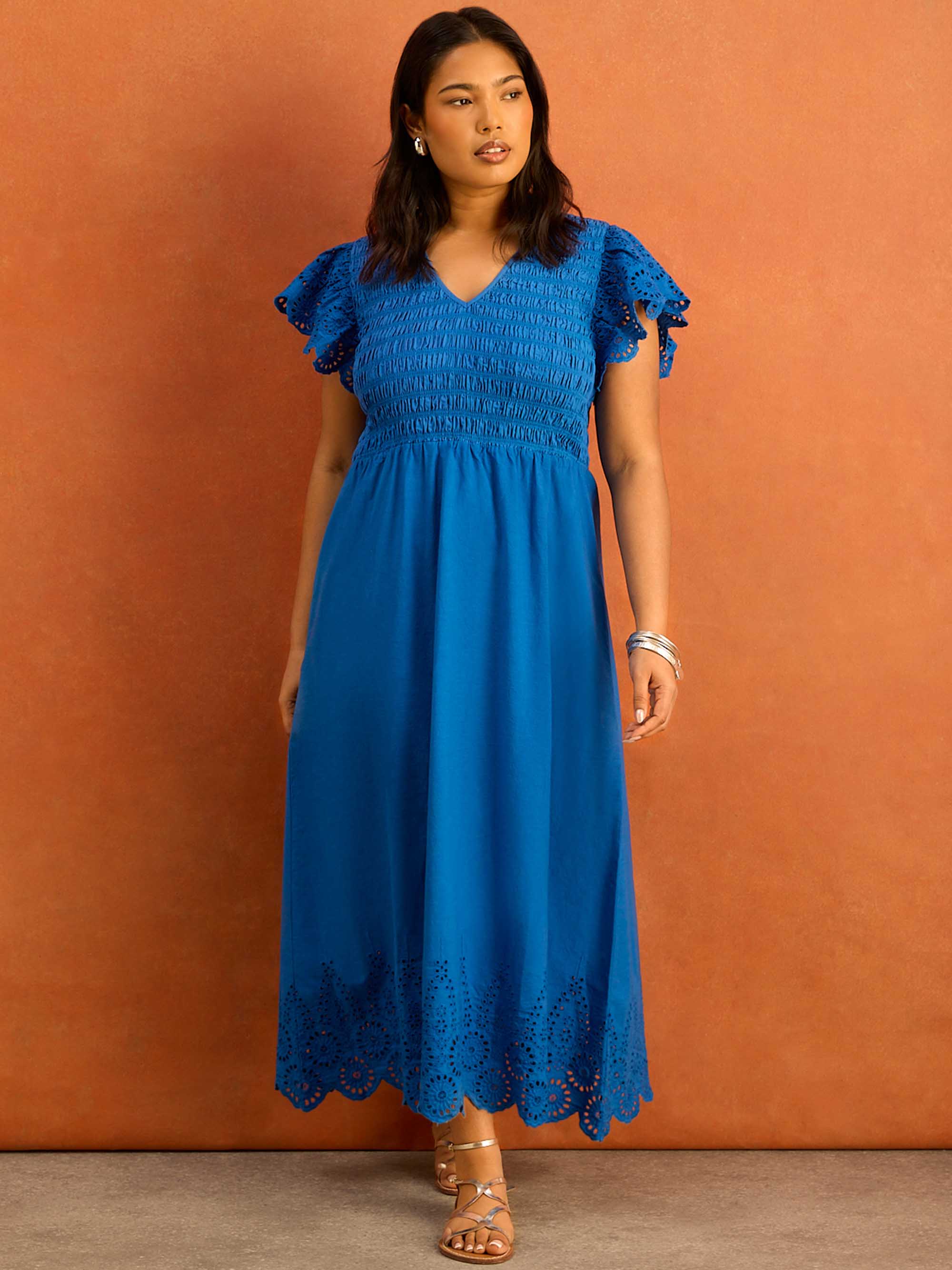 Blue Shirred Broderie Cotton Midi Dress Curve plus size