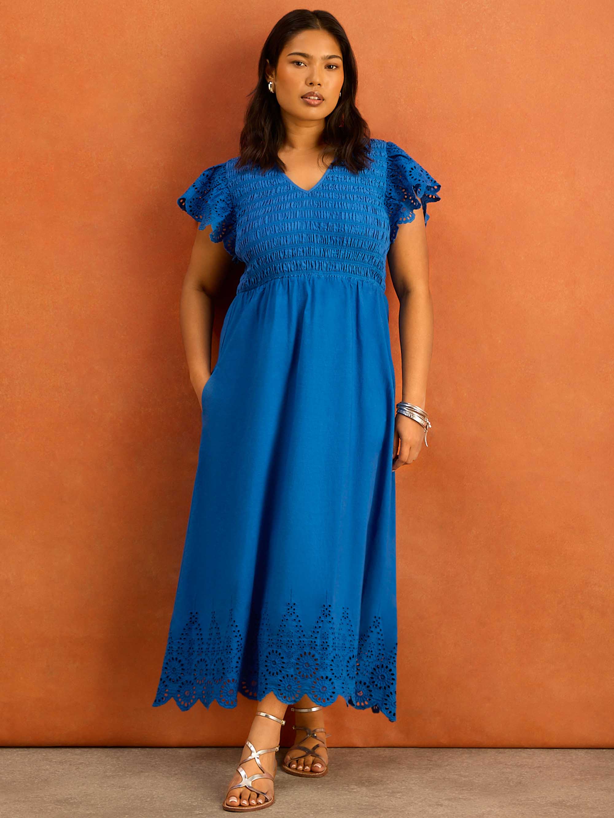Blue Shirred Broderie Cotton Midi Dress Curve plus size