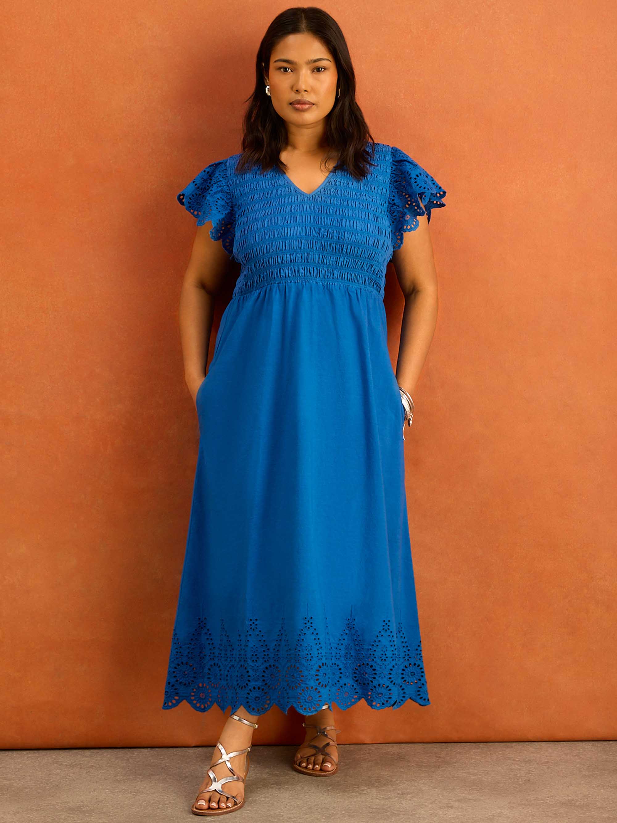 Blue Shirred Broderie Cotton Midi Dress