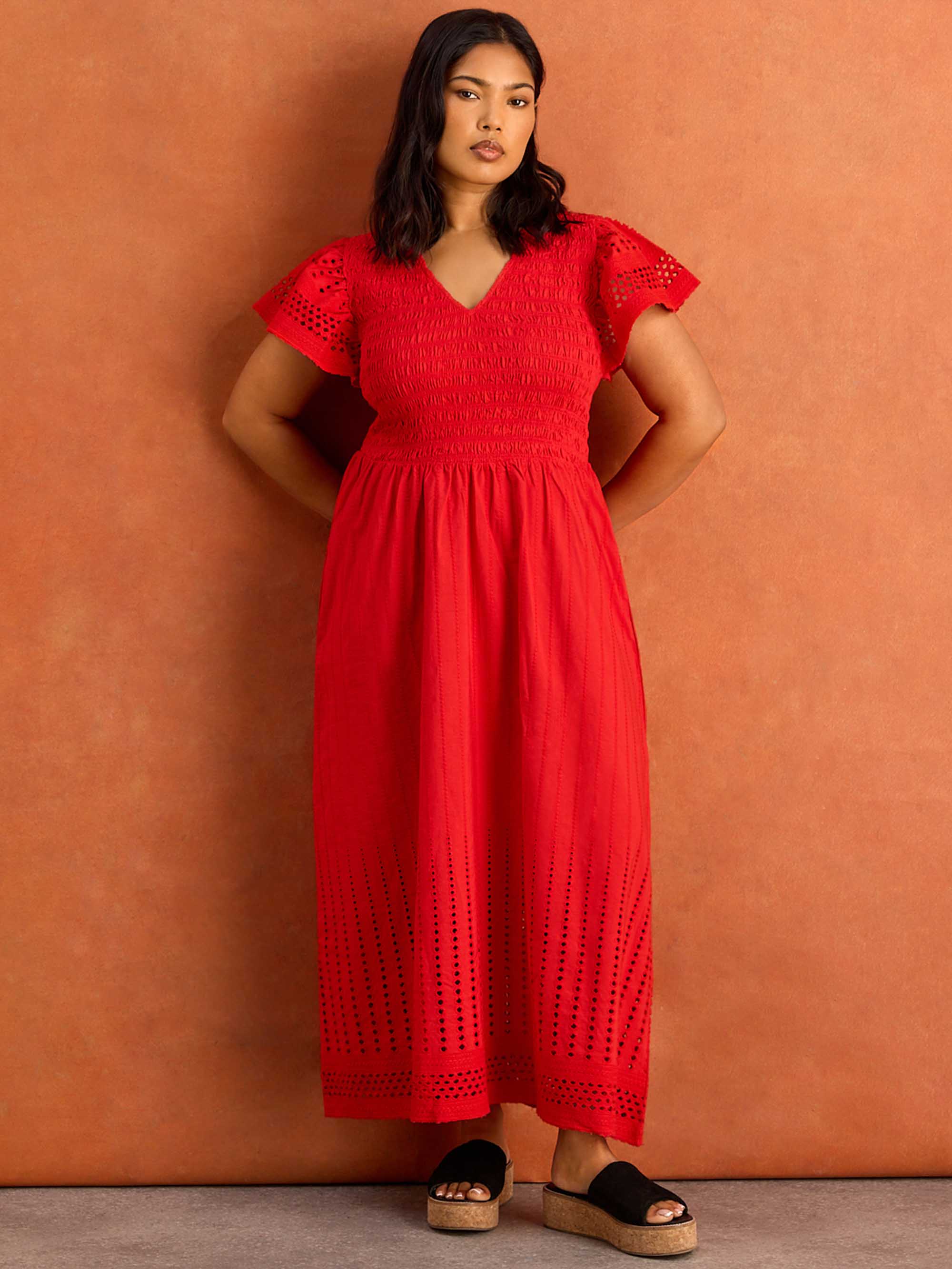 Red Shirred Broderie Cotton Midi Dress
