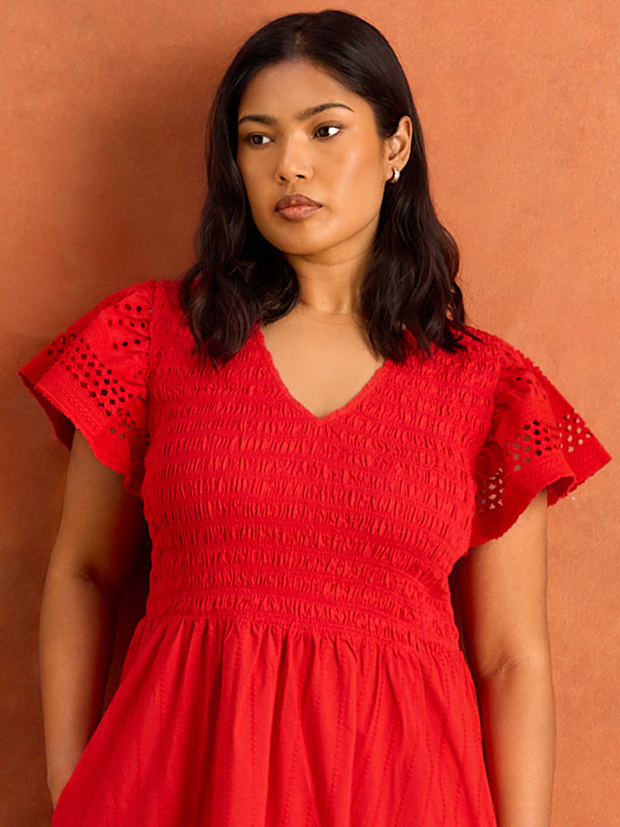 Red Shirred Cotton Broderie Midi Dress
