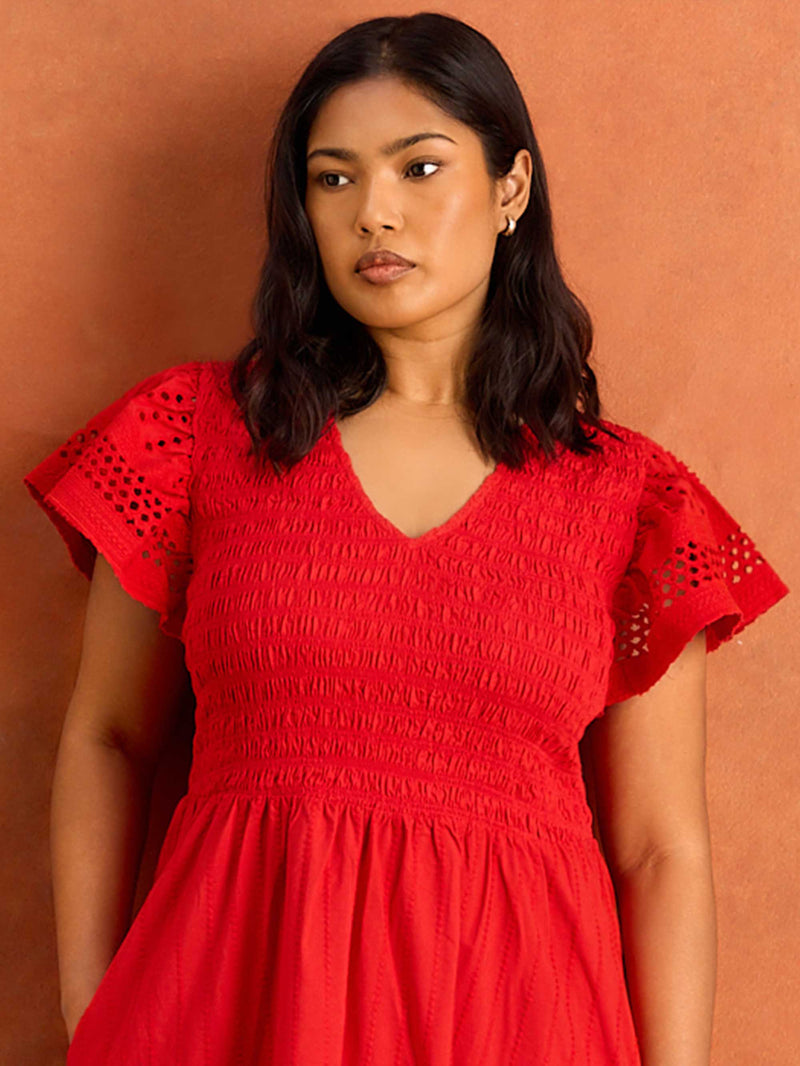 Red Shirred Cotton Broderie Midi Dress