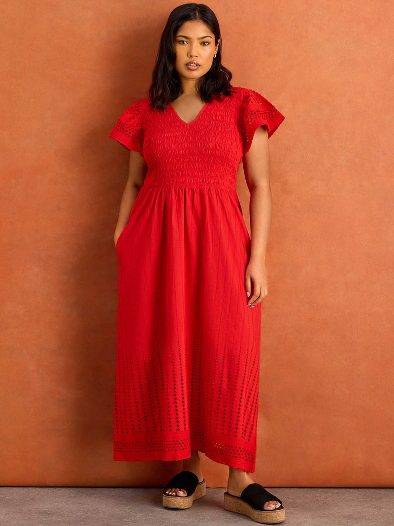 Red Shirred Cotton Broderie Midi Dress