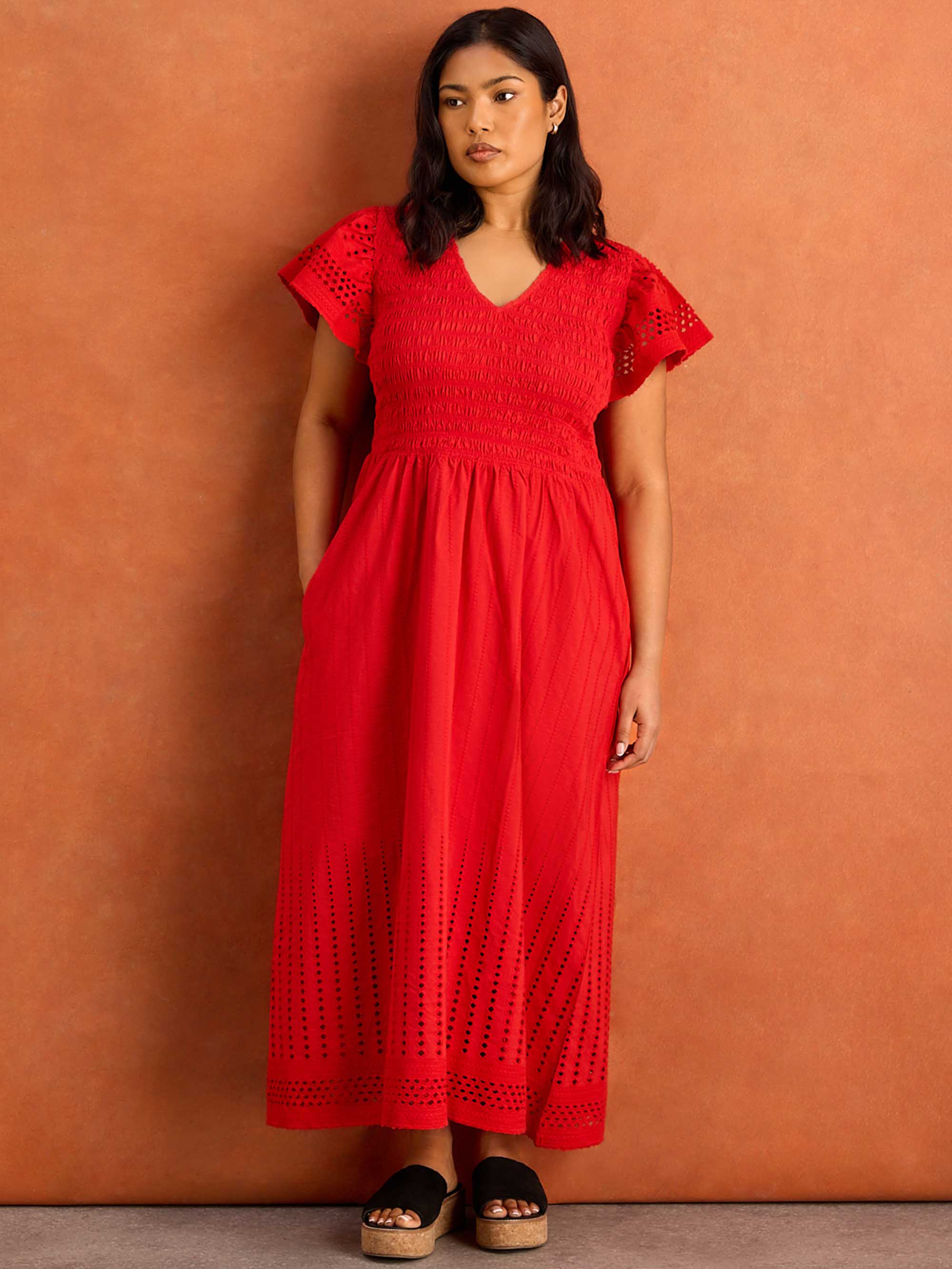 Red Shirred Cotton Broderie Midi Dress