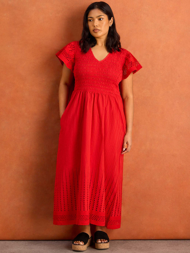 Red Shirred Cotton Broderie Midi Dress