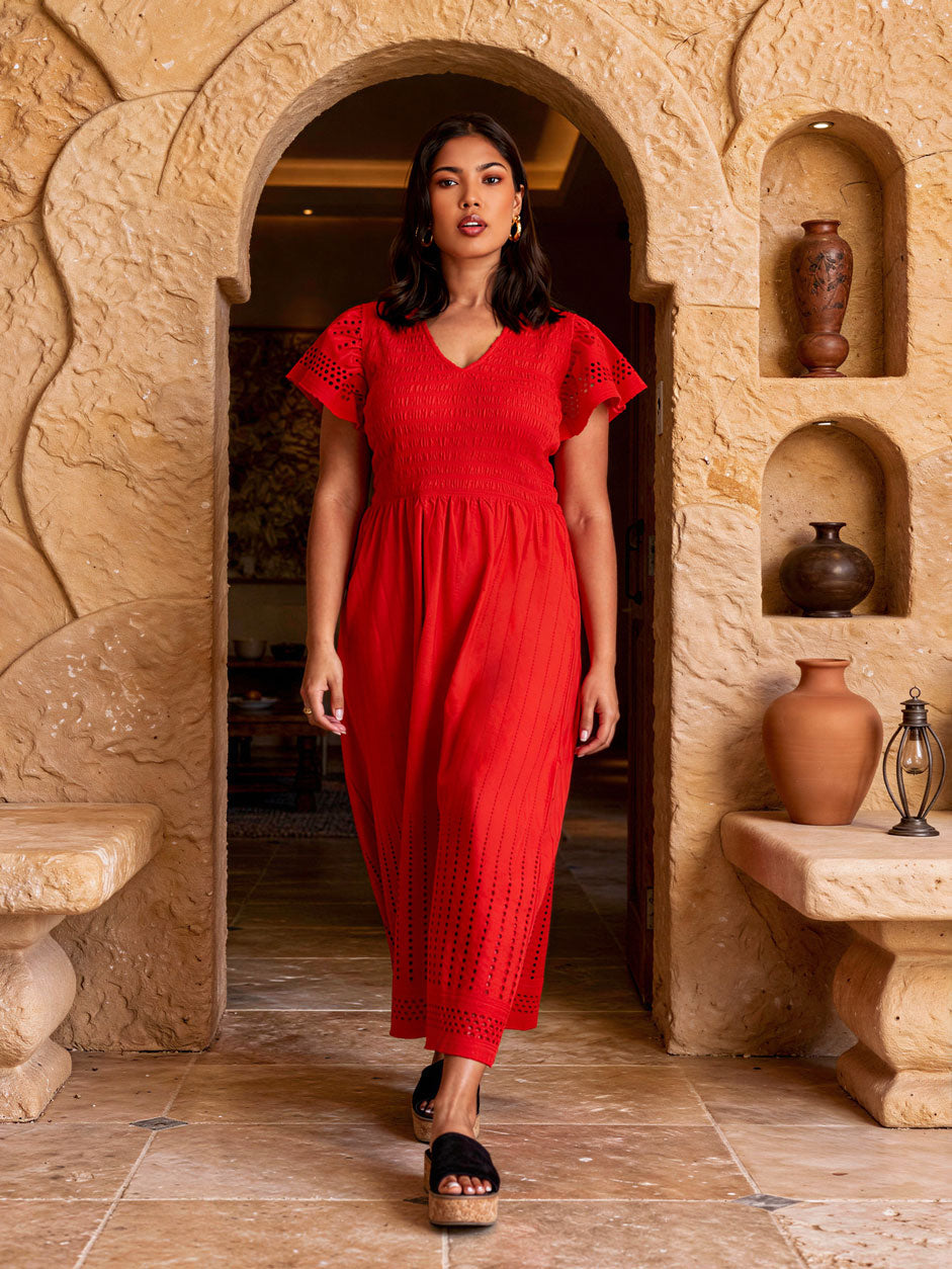 Red Shirred Broderie Cotton Midi Dress