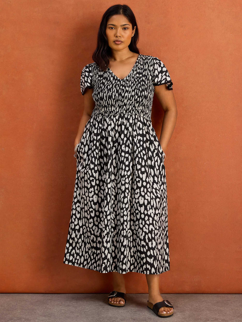Black Mono Animal Print Shirred Midi Dress Cotton