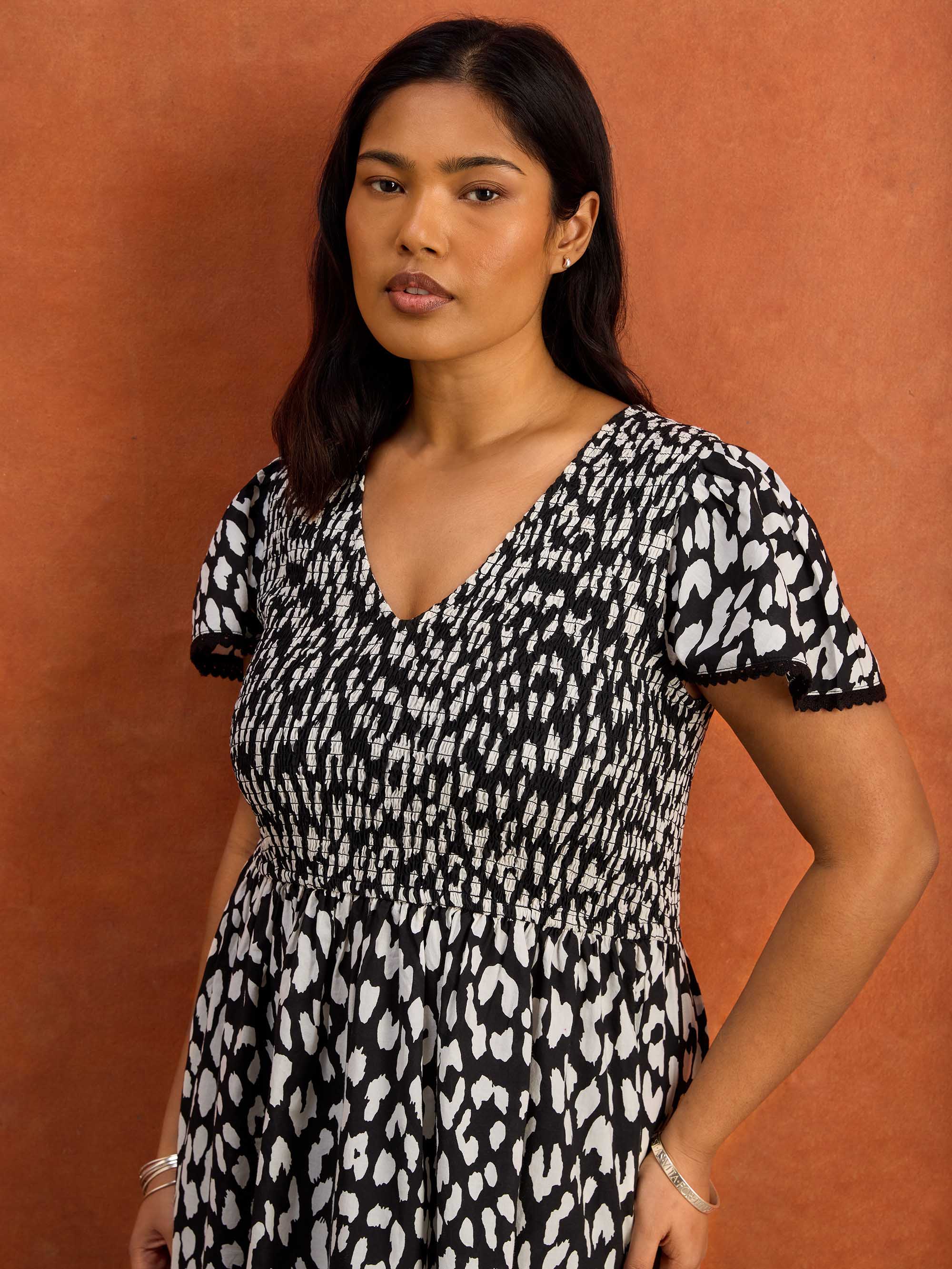 Black Mono Animal Print Shirred Midi Dress Cotton