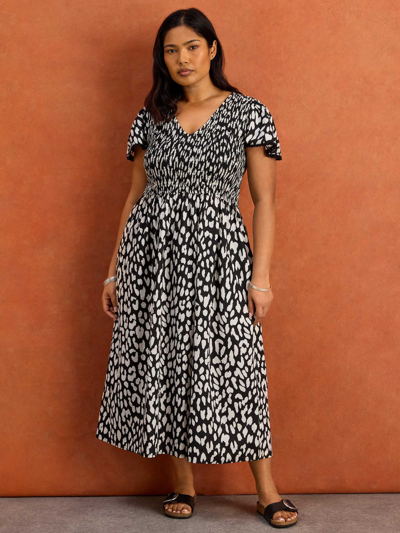 Black Mono Animal Print Shirred Midi Dress Cotton