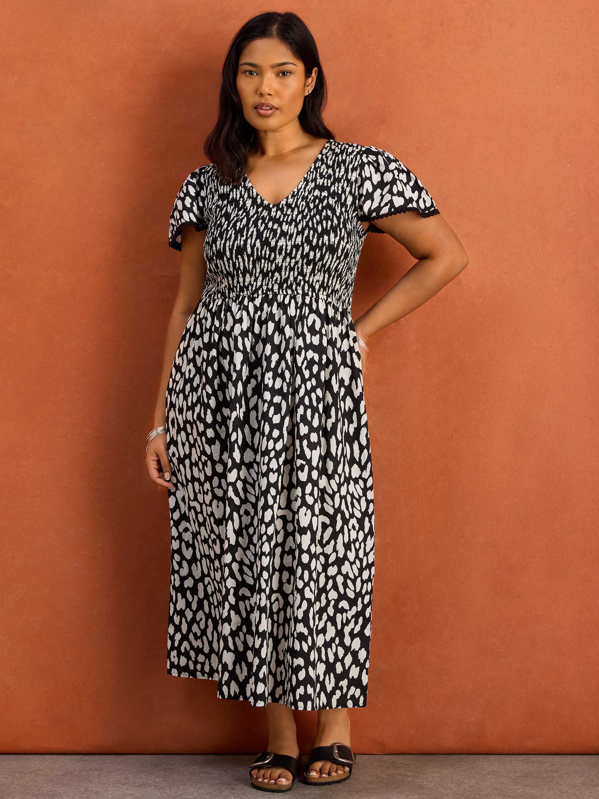 Black Mono Animal Print Shirred Midi Dress Cotton
