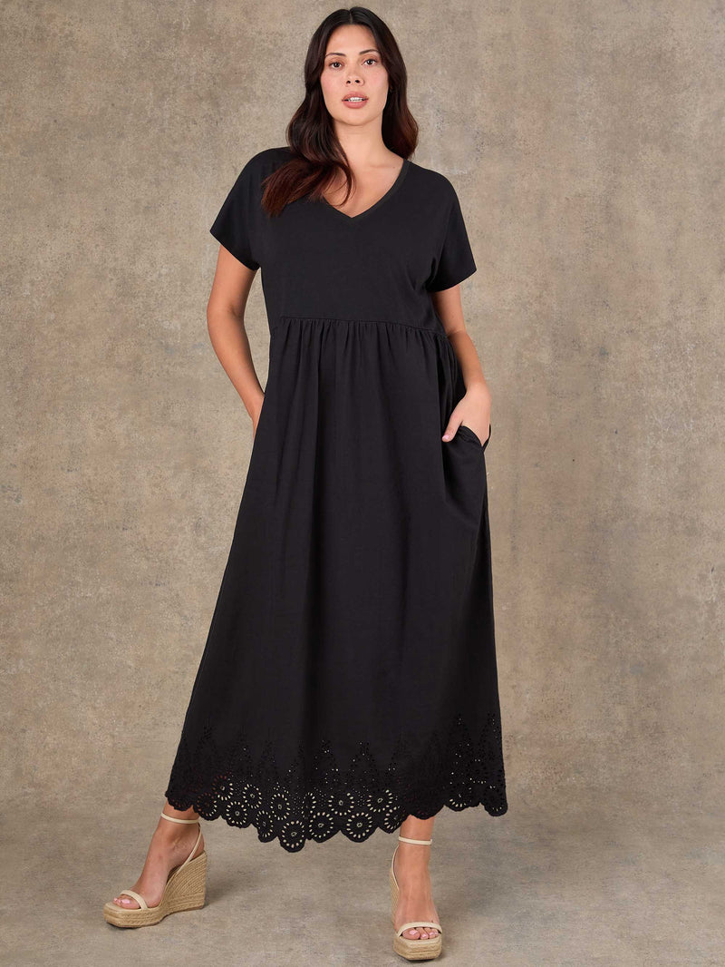 Black Jersey Woven Mix Broderie Maxi Dress