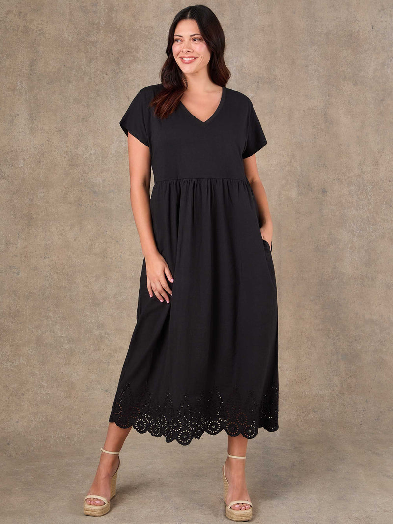 Black Jersey Woven Mix Broderie Maxi Dress