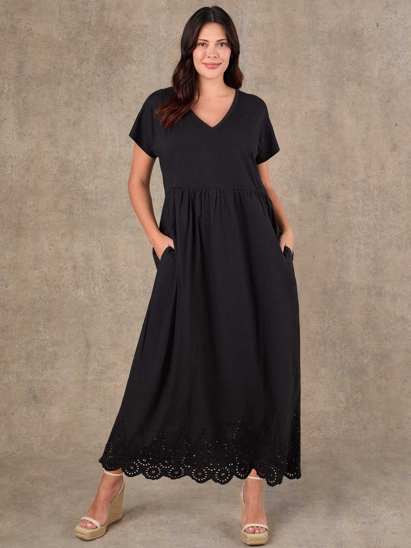 Black Jersey Woven Mix Broderie Maxi Dress