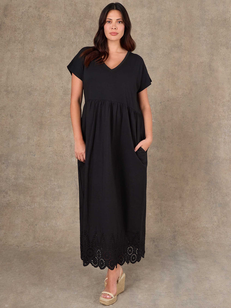 Black Jersey Woven Mix Broderie Maxi Dress
