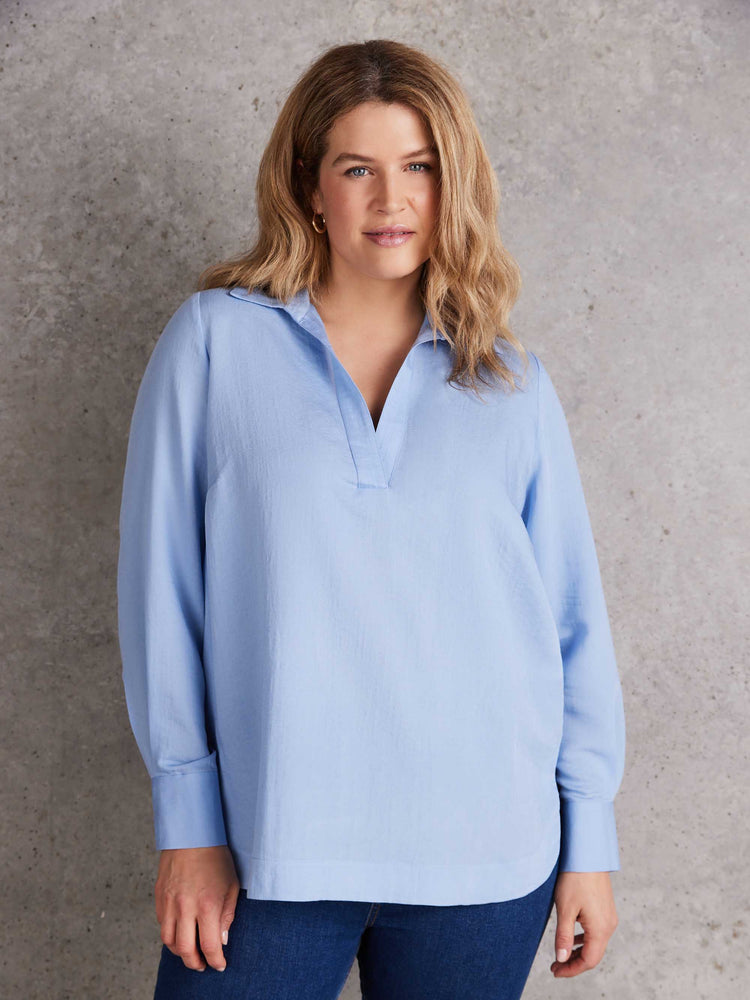 Plus size dusty blue long sleeve collared shirt with wide placket and button cuffs